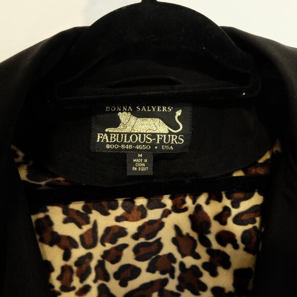 DONNA SALYERS FABULOUS FURS~Black Double Breasted Trench Coat Leopard Faux Fur - Picture 4 of 5